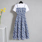 Women Summer Elegant Dress Vintage Slim Short Sleeve High Waist Chiffon Floral Printed Versatile Mid-length Dress
