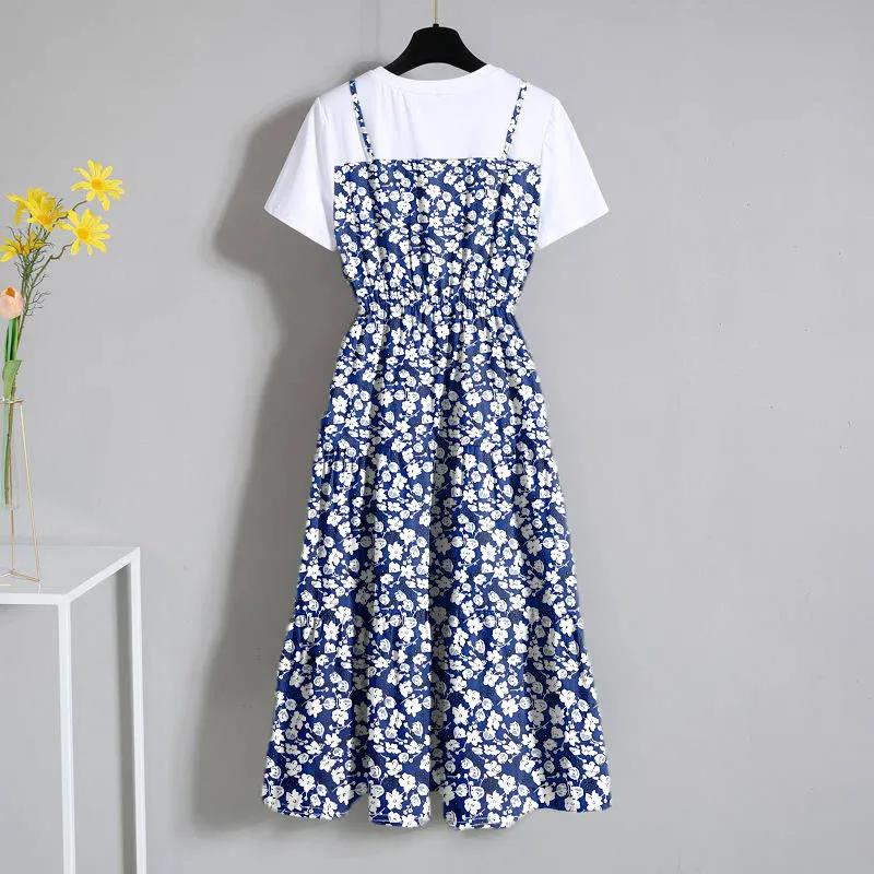 Women Summer Elegant Dress Vintage Slim Short Sleeve High Waist Chiffon Floral Printed Versatile Mid-length Dress