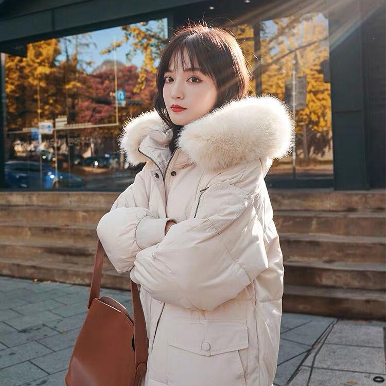 Autumn and Winter Fluffy Big Fur Collar Down Padded Jacket Women's Mid-length Plus Size Loose Padded Padded Over-knee Bread Jacket Padded Jacket