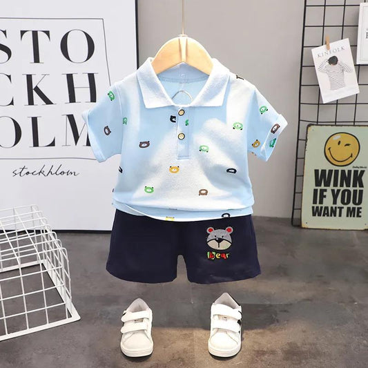 Hildren's Clothing Boys Polo Short-sleeved Suit Bear Full Print Two-piece Summer Children's Clothes Summer
