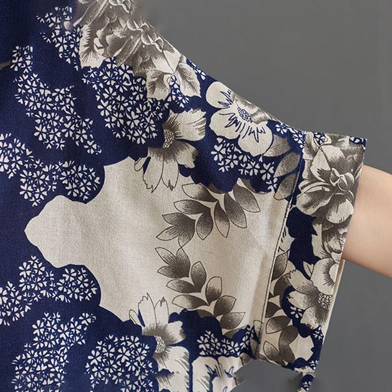 Women's Plus Size Retro Printed Dress Round Neck Short Sleeve Loose Belly Cover Mid-length Fabric Lightweight Breathable Loose Printed Plus Size Dress