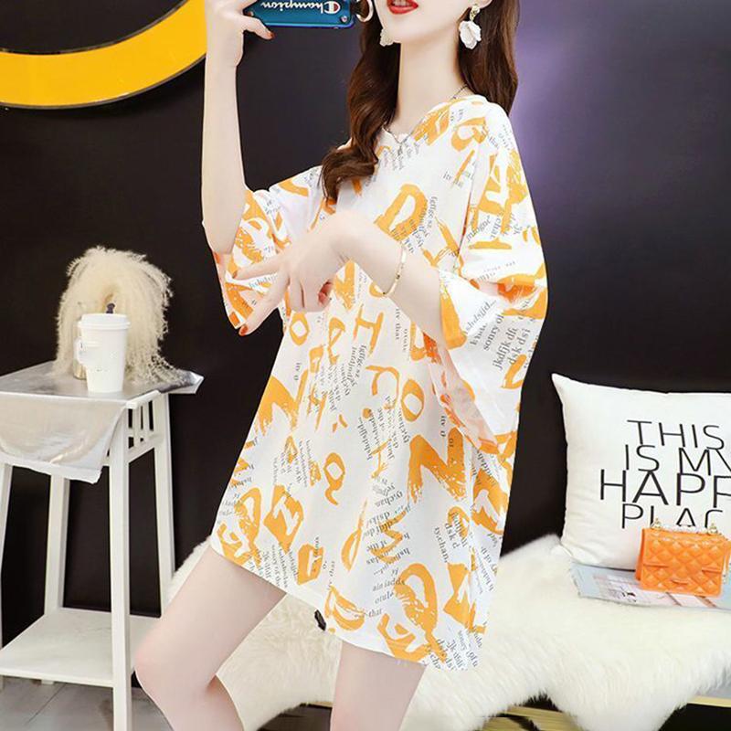 Short-sleeved T-shirt Female Design Sense Color Letters Loose Mid-length T-shirt Ladies Casual Loose Top Round Neck Short-sleeved T-shirt