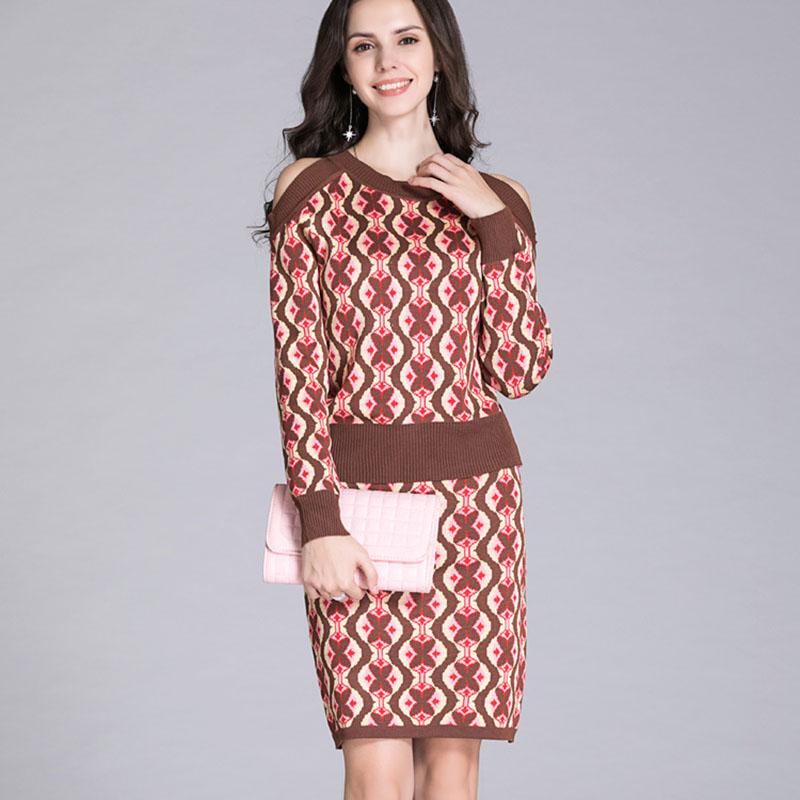 Women's Sweater Skirt Set Vintage Printed Off-shoulder Knitted Sweater Top and Bodycon Knitted Skirt Two-piece Set Female Outfits