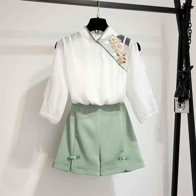 Women Chinese Style Chiffon T-shirt+Shorts+Vest 3pcs Office Ladies T-Shirt Shorts Suits