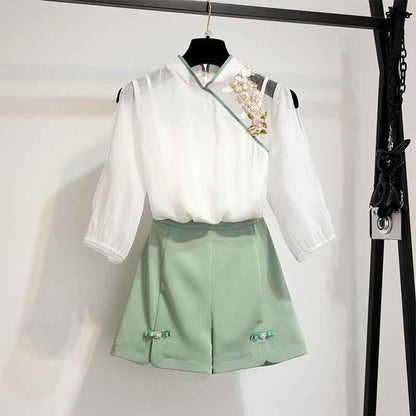 Women Chinese Style Chiffon T-shirt+Shorts+Vest 3pcs Office Ladies T-Shirt Shorts Suits