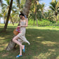 Floral Pearl Sling Dress Summer Mid-length Split Sweet First Love Dress