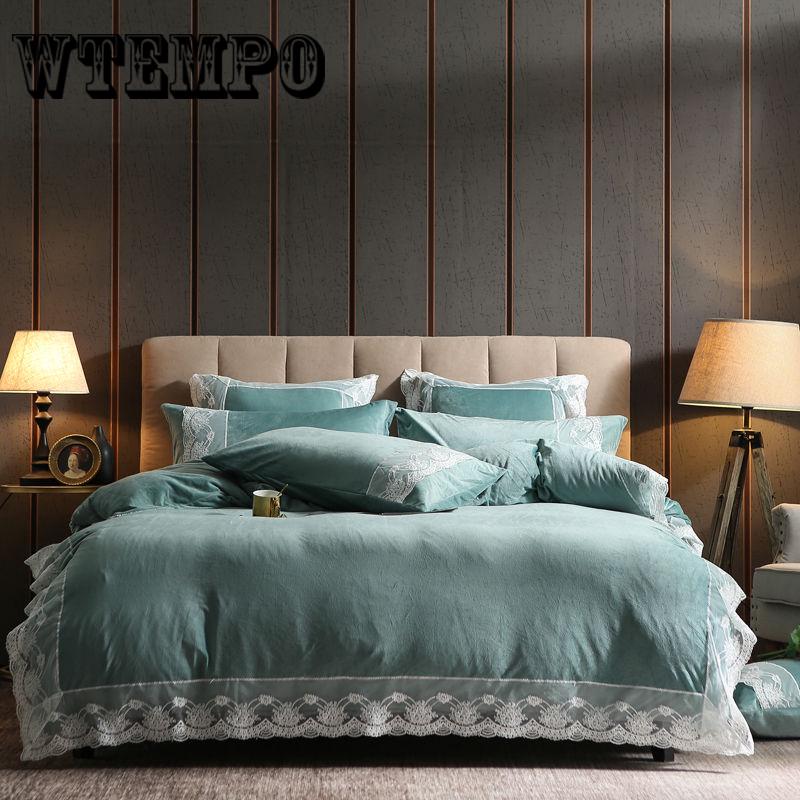 Winter Fleece Bedding Sets Lace Duvet Cover Flannel Fleece 4Pcs Home Bed Linens Warm