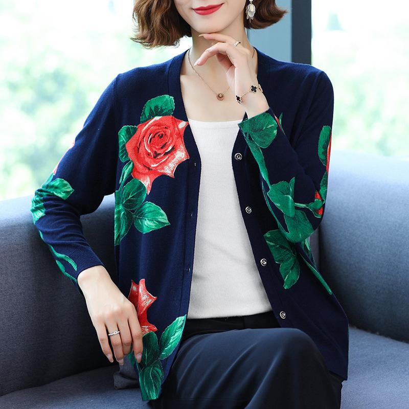Wool Cardigan for Women Autumn Winter Printing Long-sleeved Sweater Coat Single-breasted Plus Size Cardigan Sweater