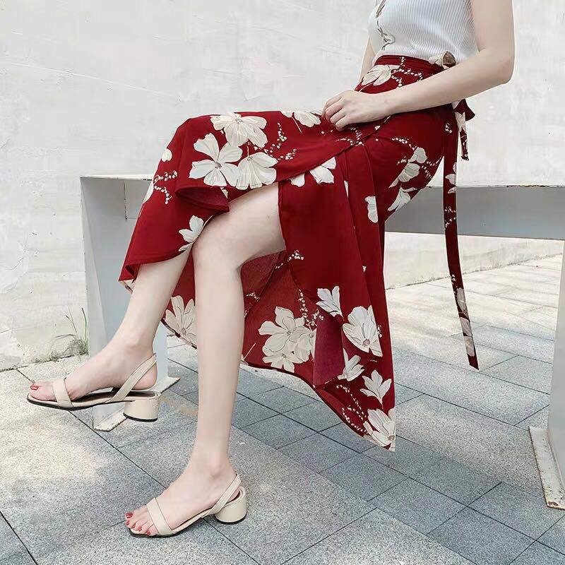 Vintage Floral Print Pockets All-match Women Long Half Length Skirt Autumn Loose Casual Female Skirt