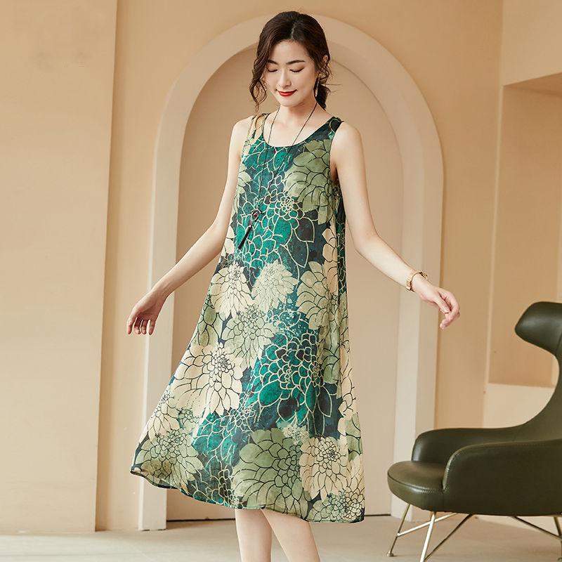 M-XXXXL Summer Ethnic Print Dress Round Neck Cotton and Linen Sleeveless Loose Mid-length Vest Skirt Daily Thin