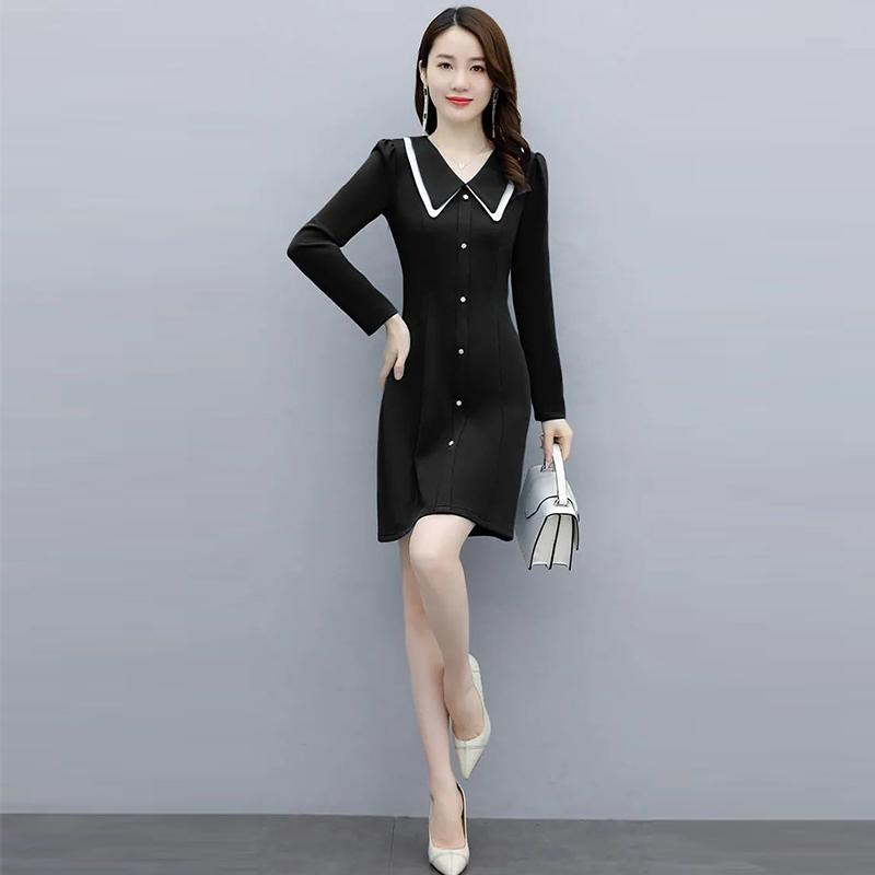Dress Female Spring and Autumn Korean Style Fashion Temperament Waist Was Thinner Base Long A Dress