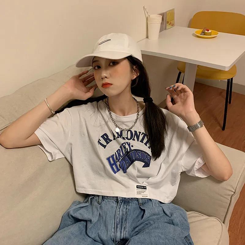 Women's Fashion Round Neck Digital Printing Half Sleeve Asymmetry Short T-shirt