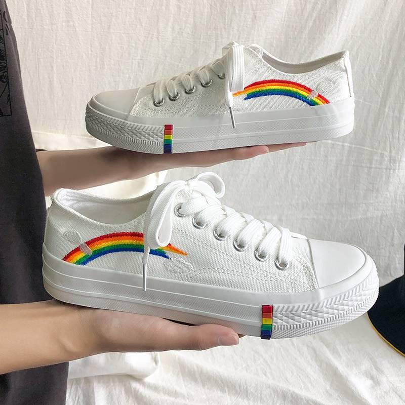 Rainbow high-top canvas shoes students breathable all-match college wind shoes ins casual shoes