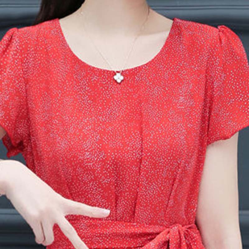 Women's Summer Short Sleeve Chiffon Shirt Waist Tie Round Neck Printed Top