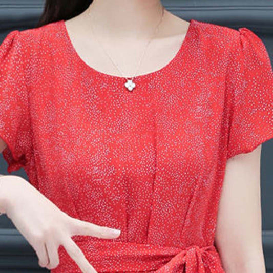 Women's Summer Short Sleeve Chiffon Shirt Waist Tie Round Neck Printed Top