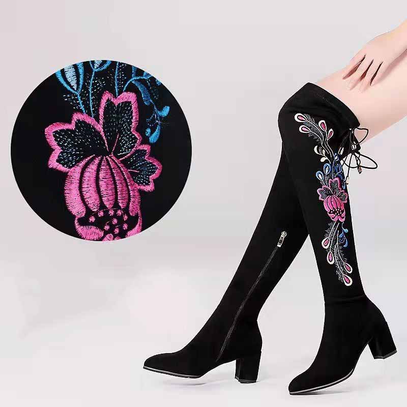 Children's Over-the-knee Boots, Ethnic Embroidery Boots, Thick-heeled Round-toe Elastic Suede Boots