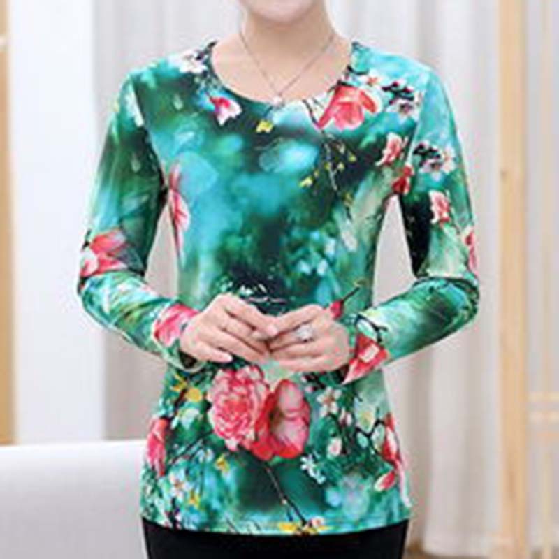 Spring and Autumn Mother Round Neck Long-sleeved T-shirt Women's Floral Loose Top Bottoming Shirt Women