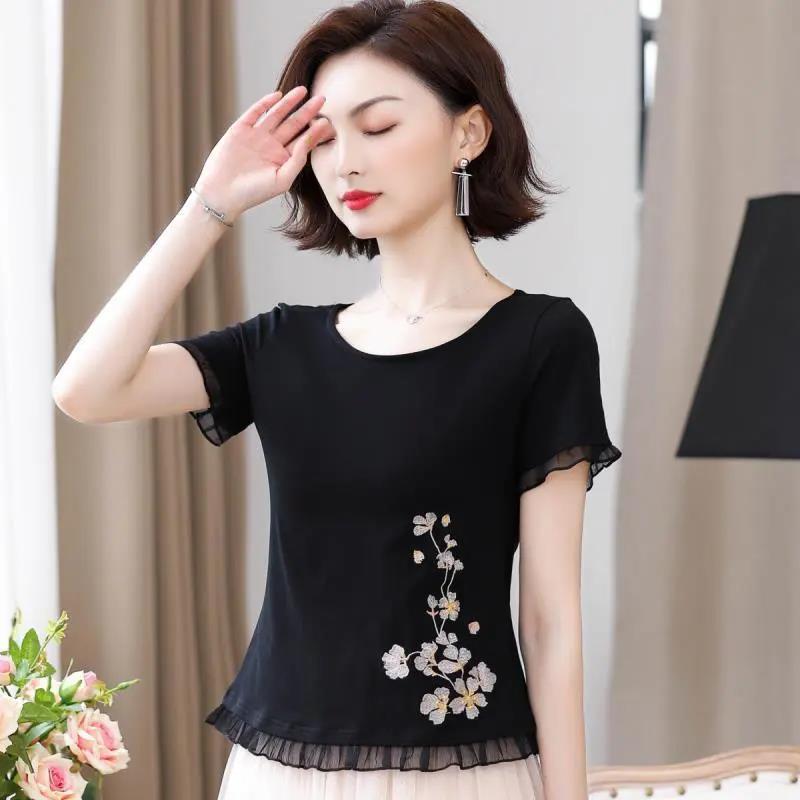 Women's Short Sleeve T-Shirt Ruffle Summer Round Neck Slim Print Top