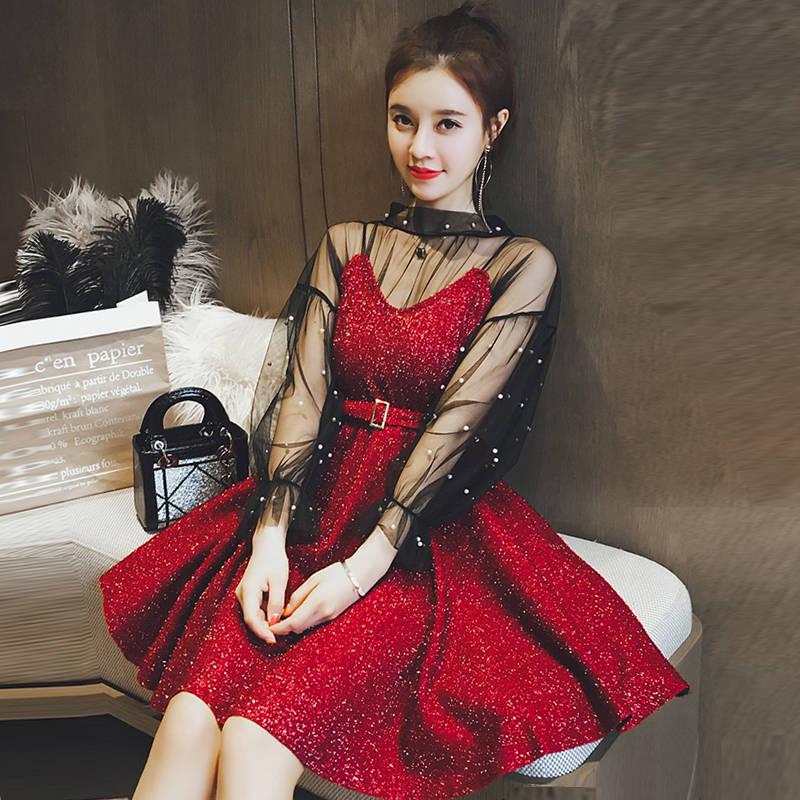Korean Temperament Mesh Beaded Top Shiny Sling Waist Dress