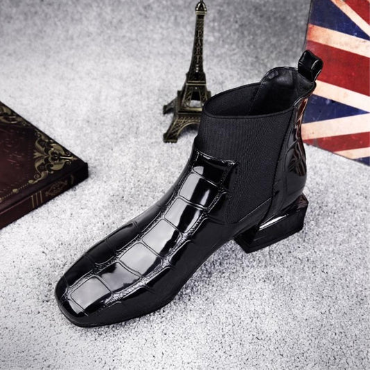 Women Boots Shiny PU Leather Autumn Winter Shoes Woman Spuare Toe Block Heels