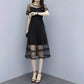 Large Size M-XXXXXL Summer Black Chiffon Stitching Laced Neckline Round Yarn Flower A-line Dress