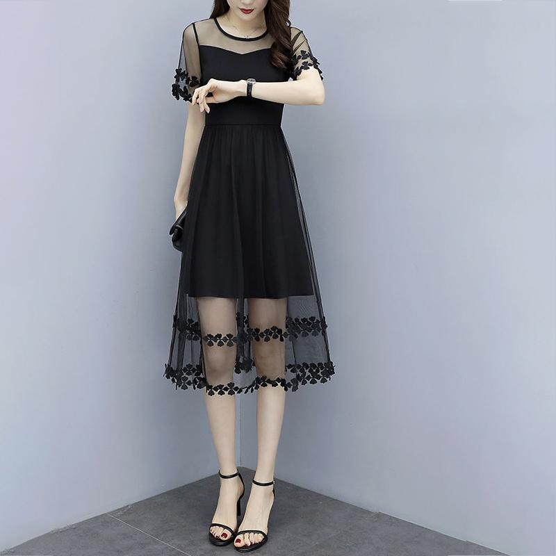 Large Size M-XXXXXL Summer Black Chiffon Stitching Laced Neckline Round Yarn Flower A-line Dress