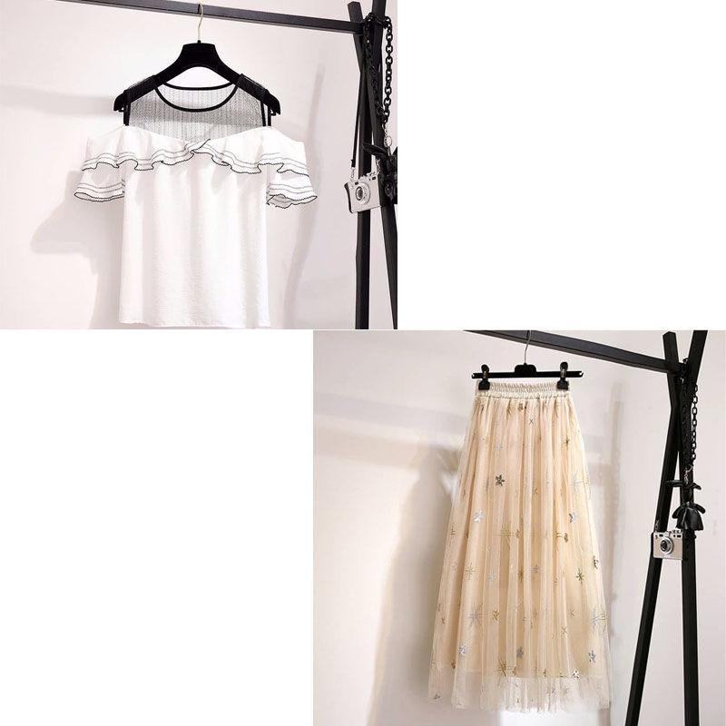 Women Skirt Set Off-shoulder Blouse Denim Stitched Mesh Skirt Two-piece Set for Party