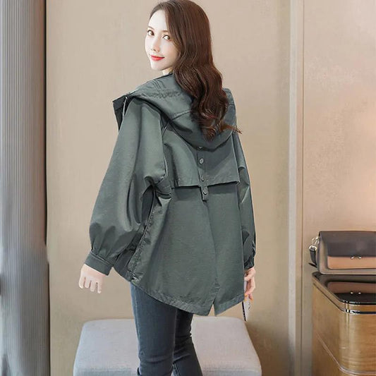 Double Layer Lining Windbreaker Women's Spring and Autumn Style Waist Loose Casual Hooded Raincoat Jac