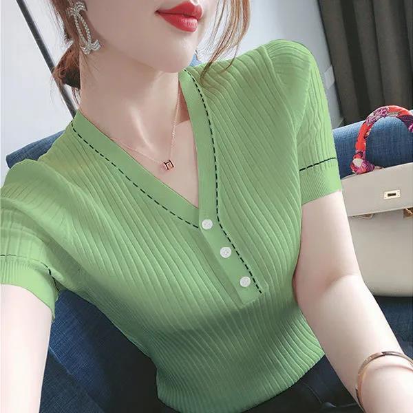 Women Slim Sweater Shirt Cutout Thin Pullover V-Neck Short Sleeve Sweater Casual Comfortable Shirt Spring