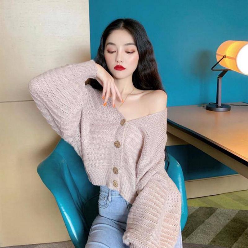Pofulove lazy wind sweater female loose student wild long-sleeved cardigan hollow knitted jacket