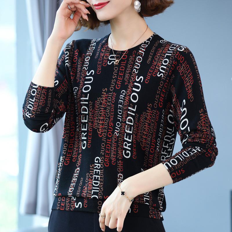 Autumn and winter ladies fur round neck bottoming shirt fashion printing shirt sweater