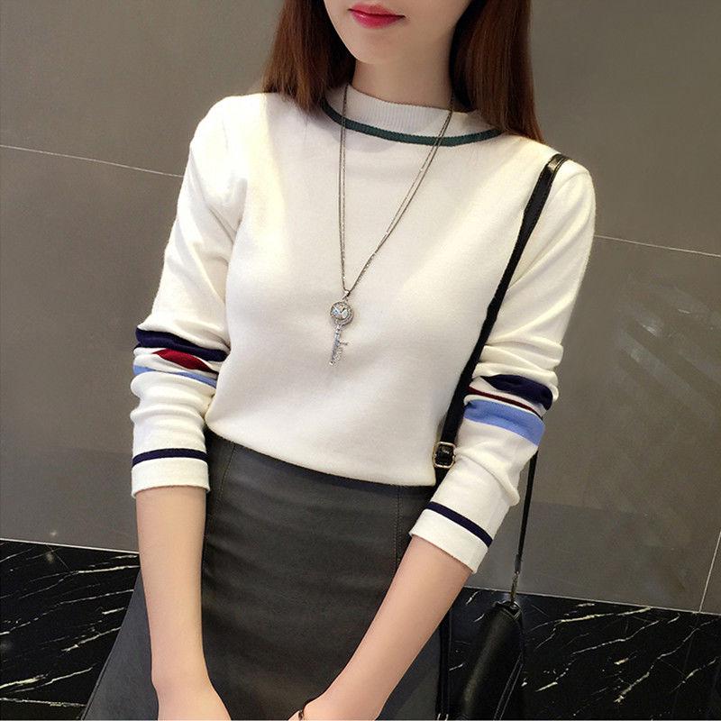 Women's Knitted Bottoming Shirt Autumn Winter All-match Elastic Slim Pullover Round Neck Jumper Top