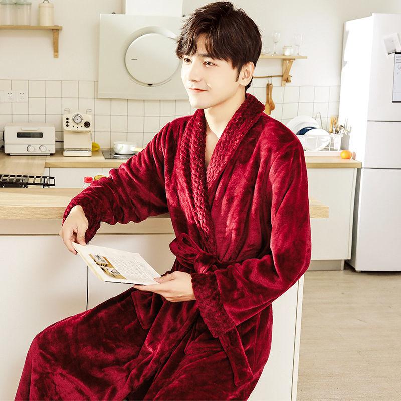 Men's Nightgown Hooded Autumn and Winter Long Coral Fleece Plus Velvet Thick Bathrobe Flannel Pajamas Winter Home Service