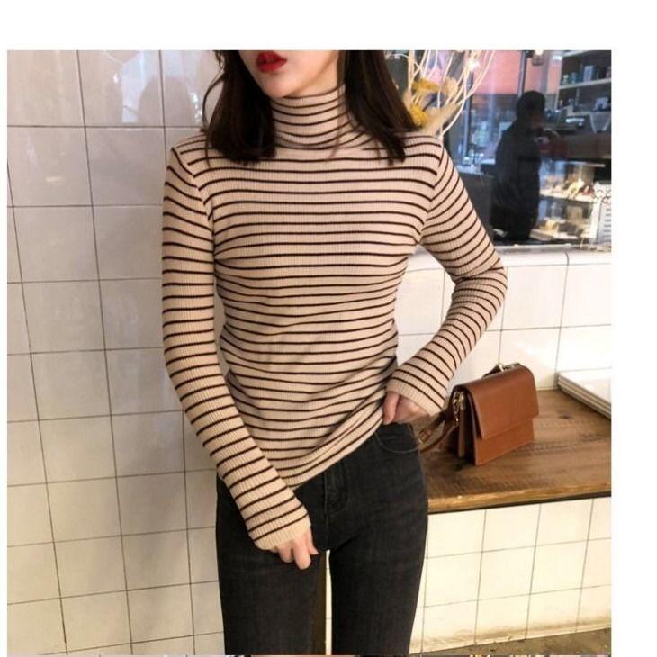 Women Sweaters Stripe Prints High Collar Long Sleeve Pullover Bottoming Shirts