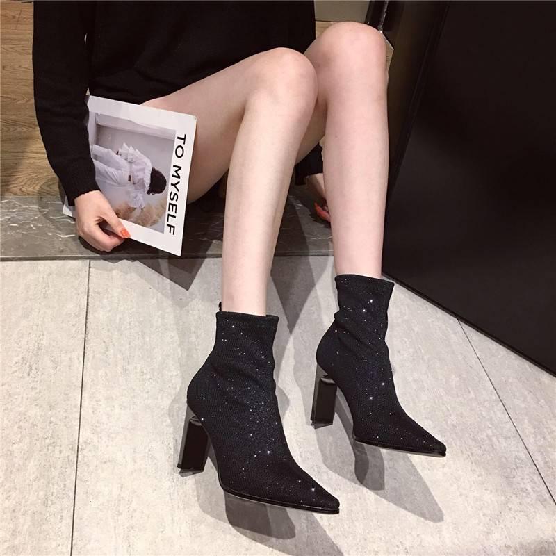 Sexy Autumn Winter Ankle Boots Women High Heels Short Pointed Toe Fashion Pleated Martin Boots