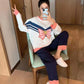 Spring and Autumn Women's Pajamas Set Cute Bow Printed Pajamas Set Plus Size Long Sleeves Outer Wear Casual Home Wear Two-Piece Set