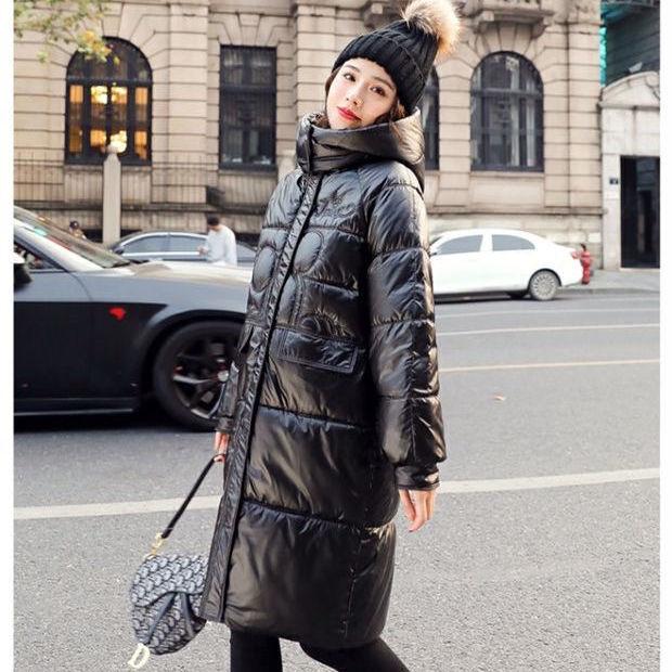 Mid-length Disposable Bright Face Stand-up Collar Hooded Women's Cotton-padded Coat Knee-length Cotton-padded Coat Thick Loose Bread Warm Jacket