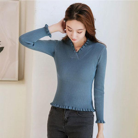 Autumn and Winter Solid Color V-neck Sweater Short Women's Small Slim Knit Sweater Women