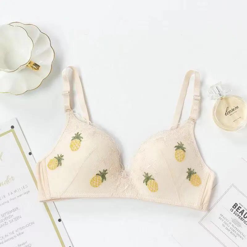 Korean Version Without Steel Ring Gathered Anti-sagging Upper Collection Side Milk Fruit Embroidered Women's Underwear Bra