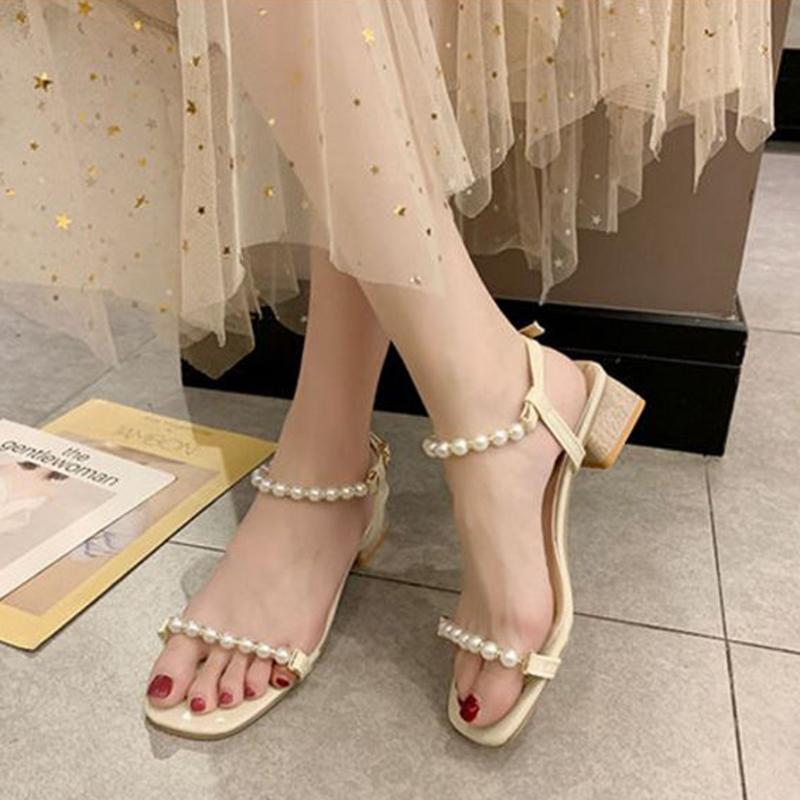 Sandals Women's Summer Korean Fashion Thick Heels High-heeled Pearl Sandals