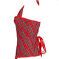 Halter Strap Red Plaid Corset Bodysuit Studded Overbust Brown Corset Bustier with Chains Waist