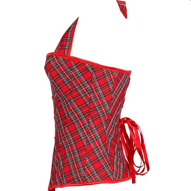 Halter Strap Red Plaid Corset Bodysuit Studded Overbust Brown Corset Bustier with Chains Waist