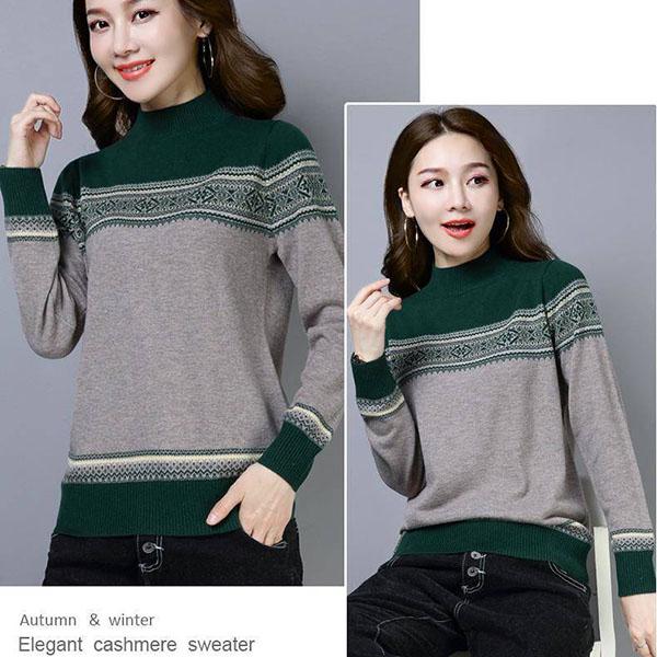 Vintage Printed Sweater Women High Neck Sweater National Style Clothes Knitted Bottoming Shirt Loose Short Sweater Top