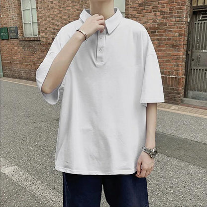 Short-sleeved T-shirt Boys Summer Loose Wild Student Half-sleeved   Shirt Ins Trend Solid Color Lapel Top