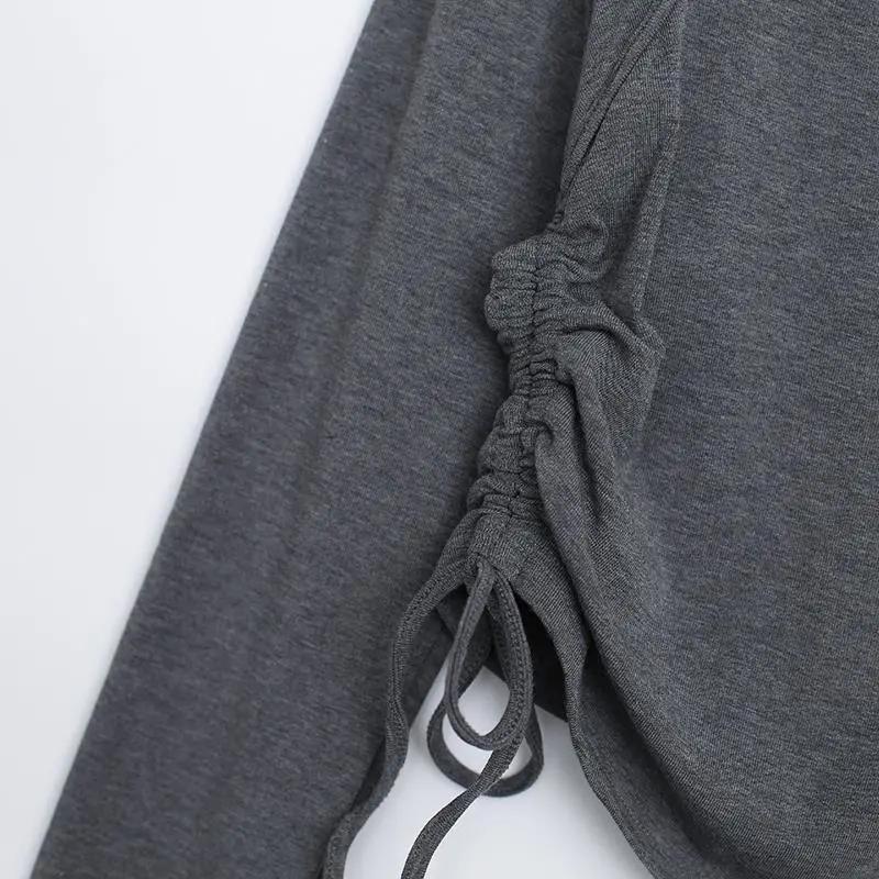 Short Solid Color Long Sleeve T-Shirt Female Student Drawstring Sling Long Sleeve Top Women