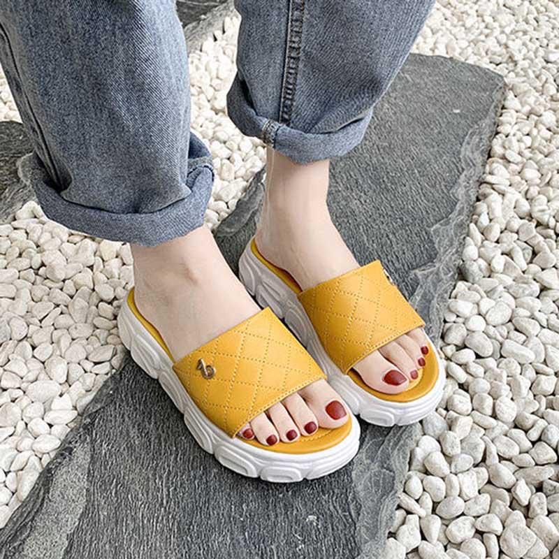 Size35-40 Summer Women Leather Slippers Bohemian Beach Waterproof Slippers Wedge Platform Crystal Letter Sandals Outdoor High Heels