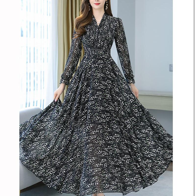 Chiffon Long Sleeve Dress Spring and Autumn Floral Chiffon Super Fairy Waist Beach Dress Long Skirt Fabric Lightweight Breathable