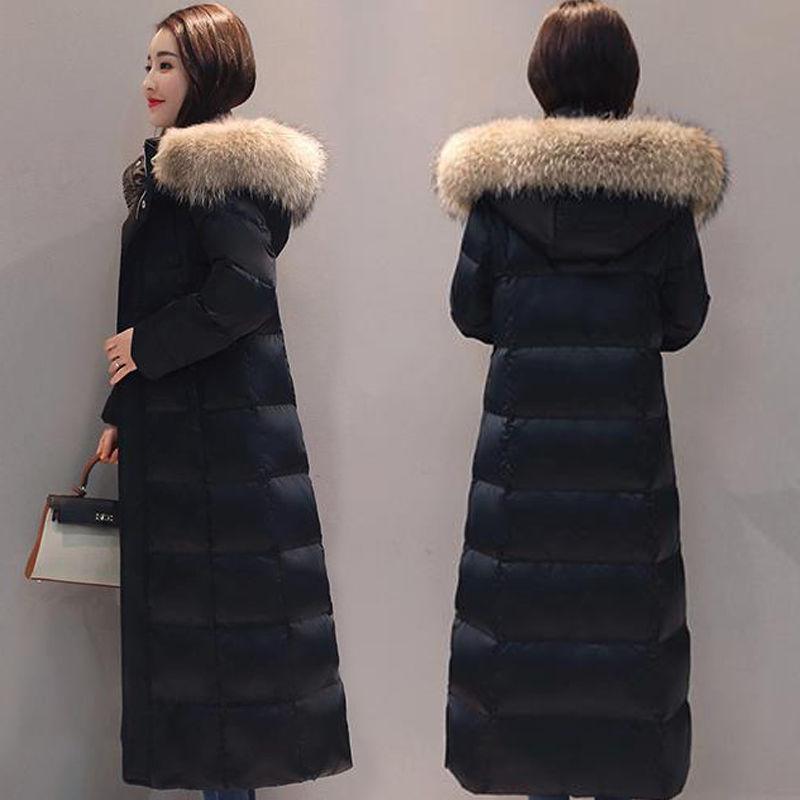 Winter Women's Down Jacket with Large Fur Collar Over The Knee Hooded Jacket Plus Down Padded Down Jacket