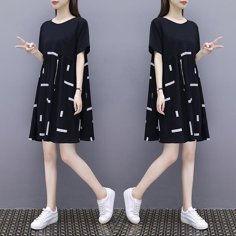 Large Size M-XXXXL Summer Polyester Short-sleeved Knee-length A-line Dress