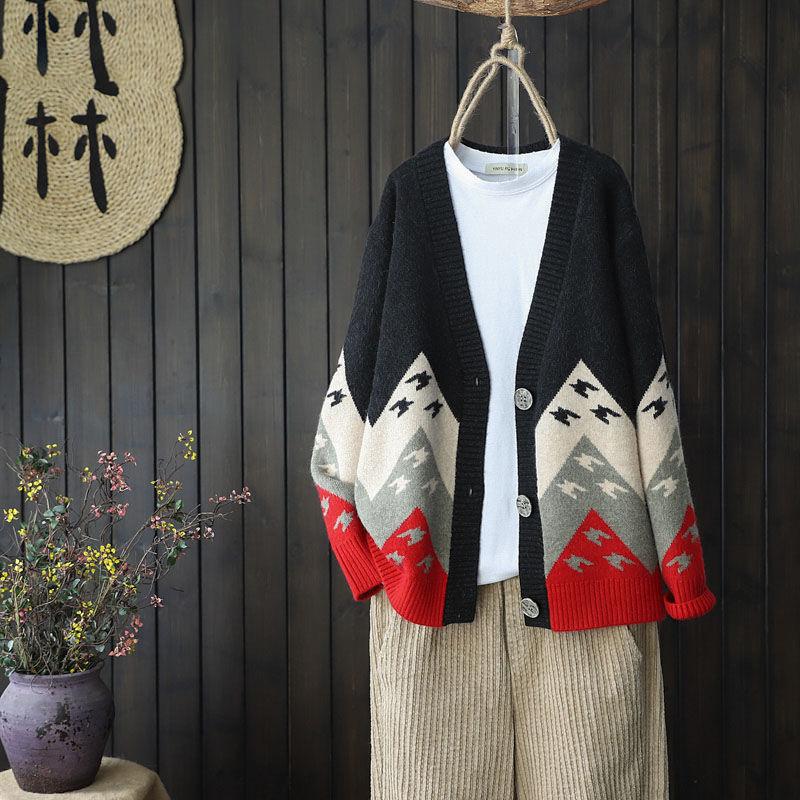 Color Matching Jacquard Knitted Sweater Cardigan Casual Versatile Knitted Sweater Jacket V-neck Long-sleeved Warm Retro Style